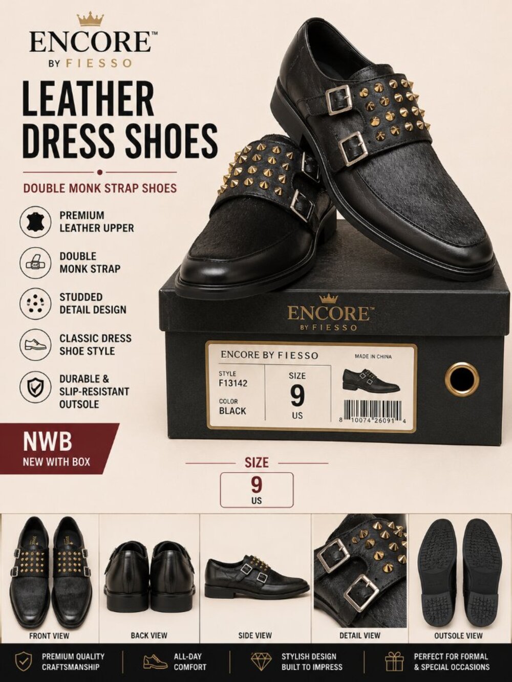 NWB Encore by Fiesso Double Monk Strap Studded Leather Shoes Unisex